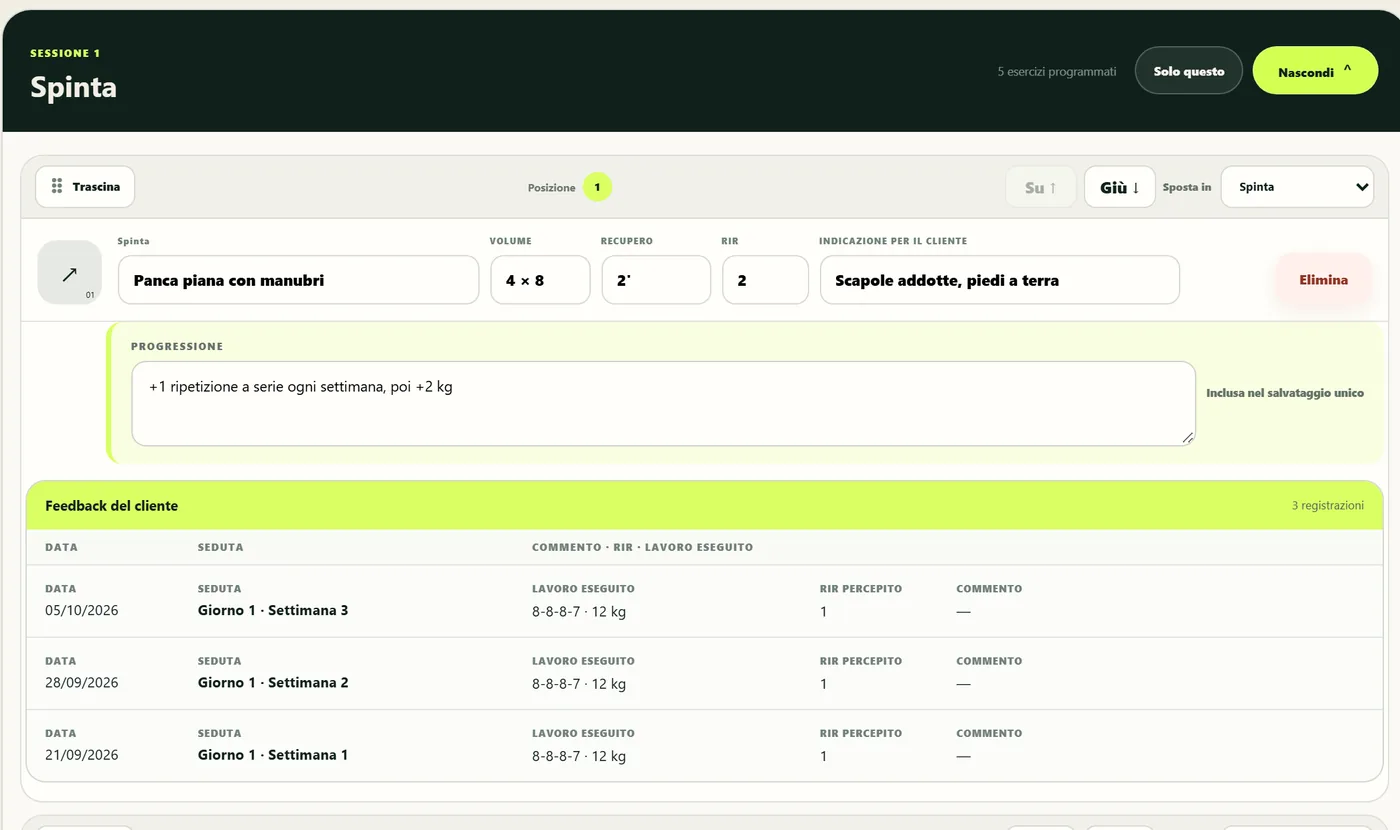 Editor della scheda ProgressHub con lo storico delle sedute del cliente